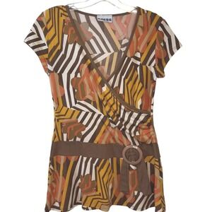 Kress Collection Brown Gold Print Wrap Vintage Top with Belt Short Sleeve Size S